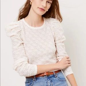 LOFT Floral Lace Pleated Puff Sleeve Cream Top
